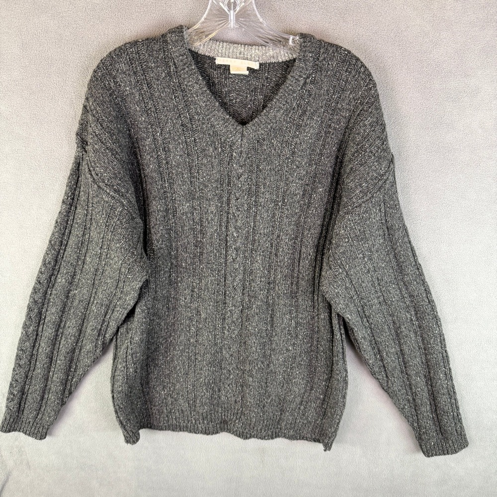 Perry Ellis Mens Cable Knit Sweater‎ V Neck Chunky Wool Size L Gray Grandpa